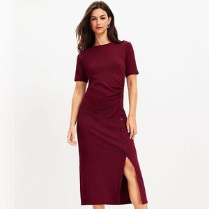 LOFT midi dress - ribbed button trim midi dress - Burgundy size 2